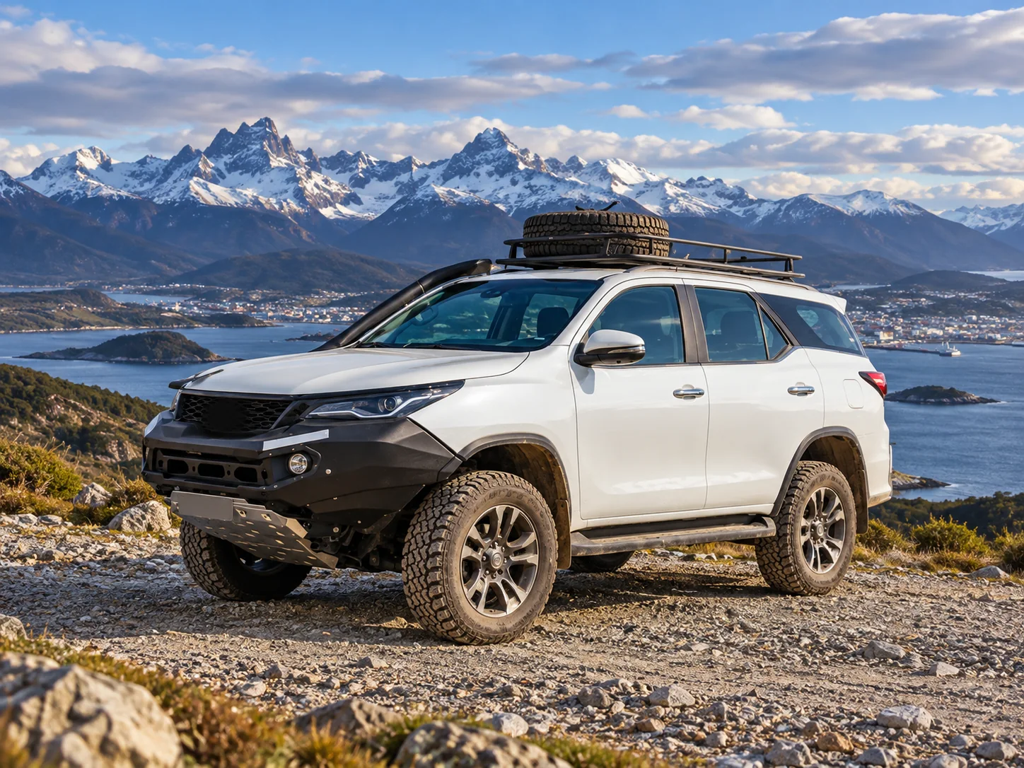 Camioneta 4x4 de NEKAU con la cordillera fueguina de fondo