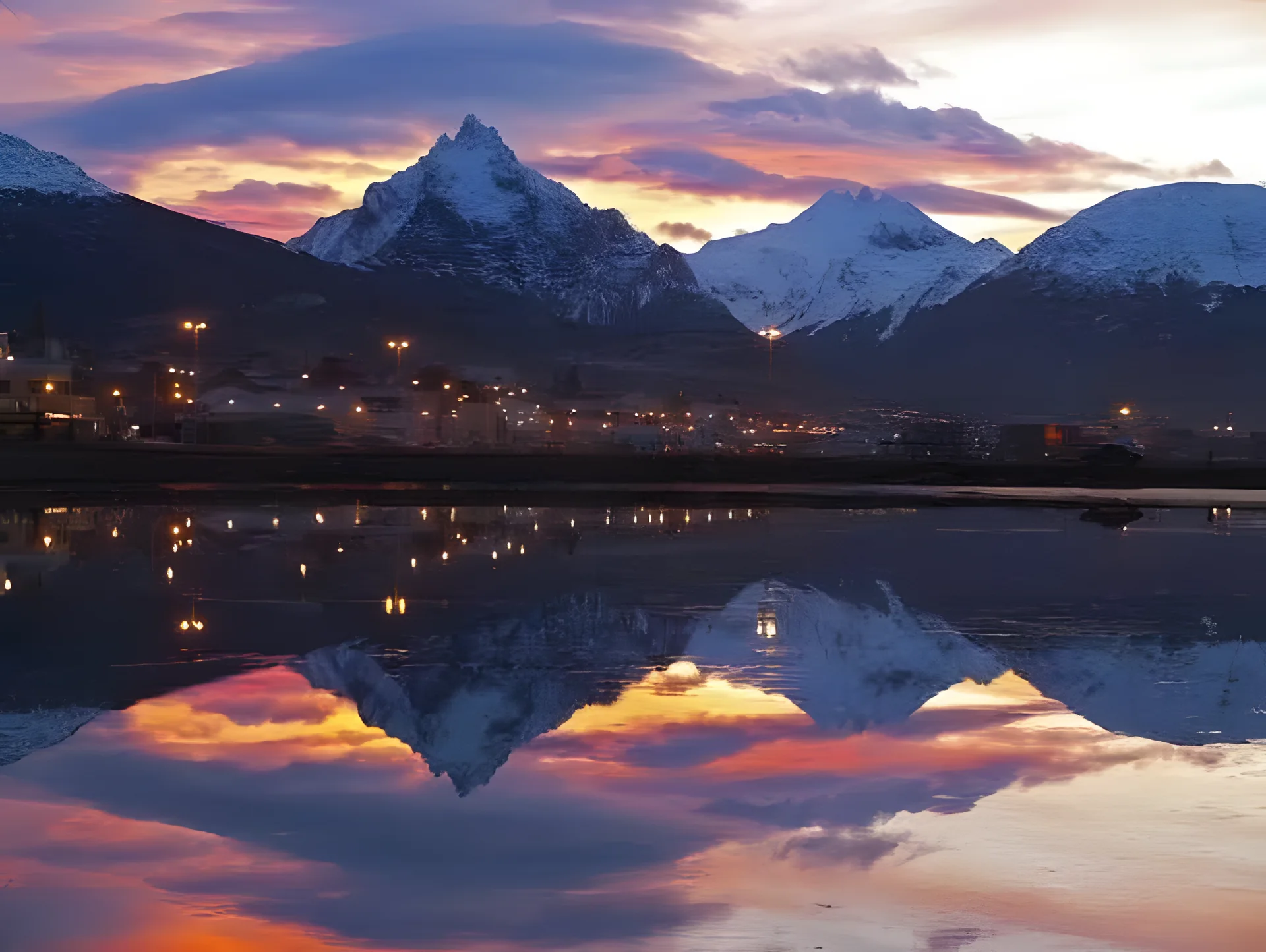 Atardecer sobre la bahía de Ushuaia y los Montes Martial